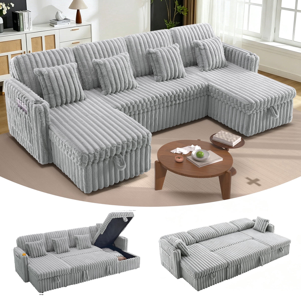 SOLIA 100" Modular Sleeper Sectional Sofa Bed Corduroy with USB Charging