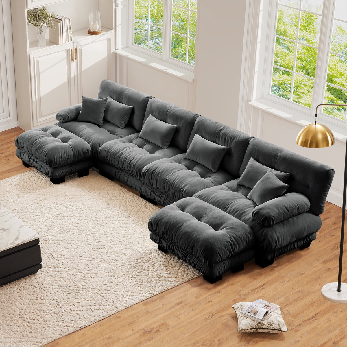 FFH 173.2" Modular Sectional Sofa, U Shaped Couch for Living Room, 4-Seater Comfy Cloud Couch with Deep Seat (Chenille Dark Gray, 4 Seater with 2 Ottomans)