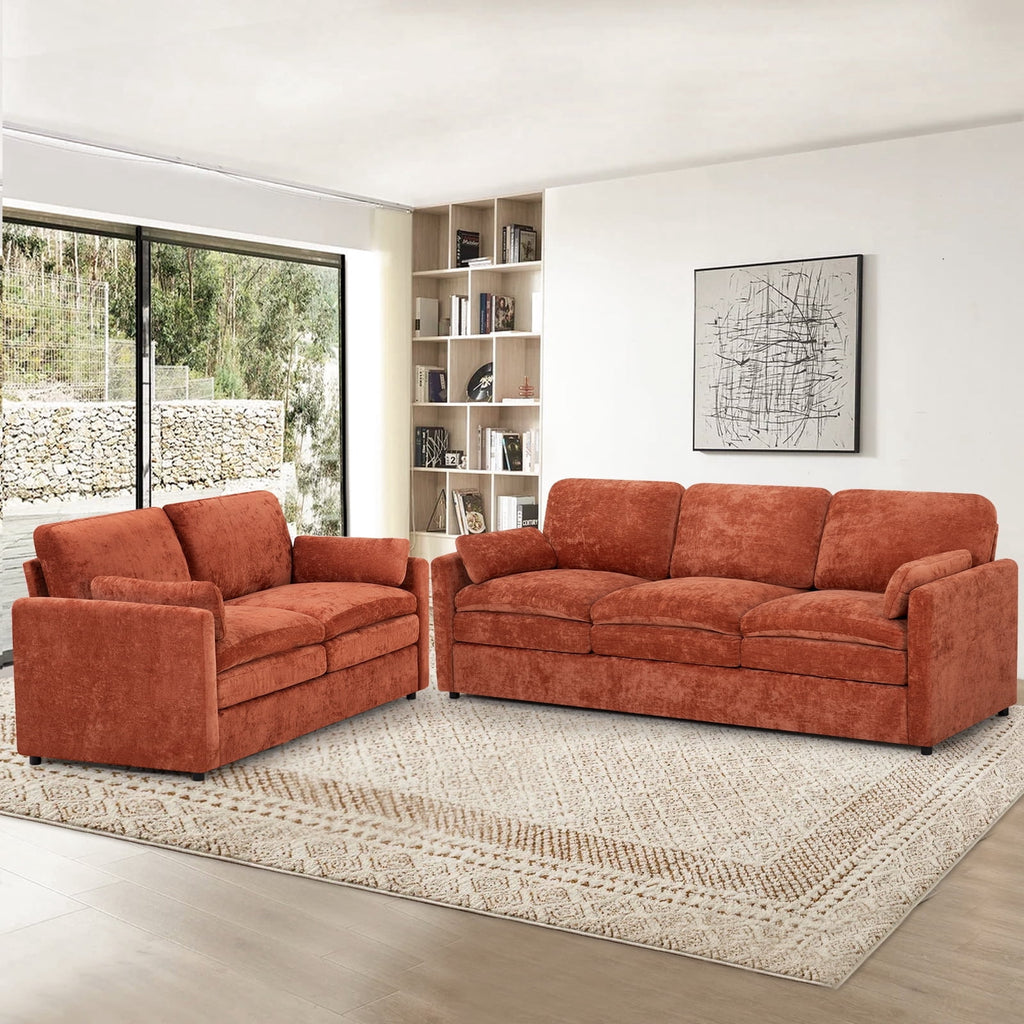 FamiTOP Chenille 69? Love Seat & 89? 3-Seat Sofa w/Thick Seat & Backrest Cushions, Modern Couch Set with Soft Pillows, Upholstered 3 Seat & 2 Seat Sofa w/Sturdy Frame for Office, Living Room, Orange