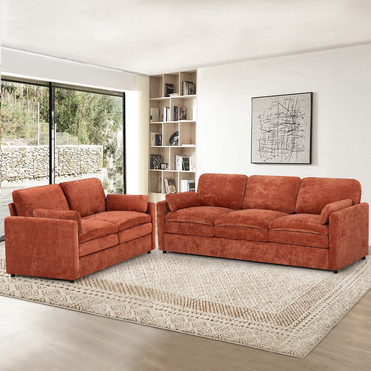 FamiTOP Chenille 69? Love Seat & 89? 3-Seat Sofa w/Thick Seat & Backrest Cushions, Modern Couch Set with Soft Pillows, Upholstered 3 Seat & 2 Seat Sofa w/Sturdy Frame for Office, Living Room, Orange