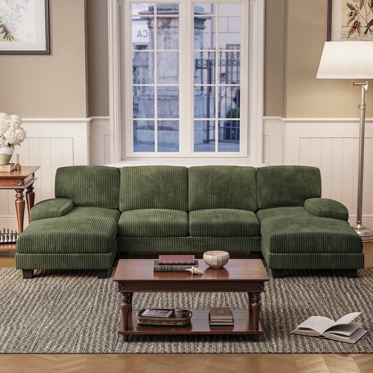  U Shaped Sectional Sofa Couch with Double Chaise for Apartments,Corduroy Green