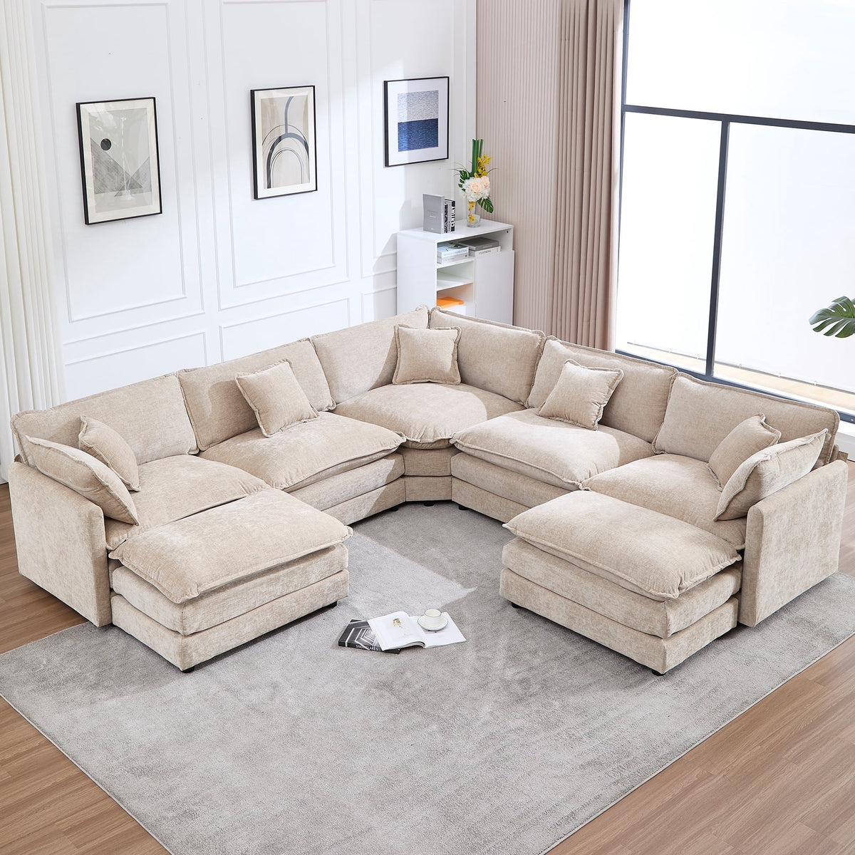 GNIXUU 113.4 " U-Shaped Cloud Couch ,Oversized Sectional Sofa with 2 Ottomans,Modern Chenille Deep Seat Modular 7-Seater Corner Couches for Living Room, Office,Beige