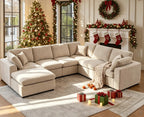 GNIXUU 7-Seater Oversized Modular Sectional Sofa Couch,Chenille Cloud Corner Sofa Modern U-Shaped Comfy Couches with Ottoman for Living Room, Office,Spacious Space,Beige
