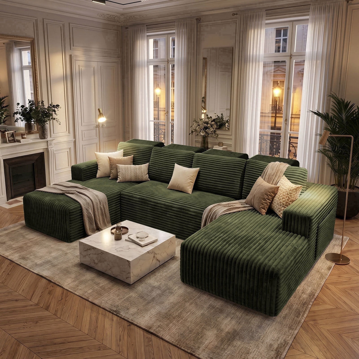Garaneeds 113" Oversized U Shaped Sectional Sofa for Living Room, Modular Boneless Cloud Couch with Chaise, Corduroy Deep Seat Sofa, High Back Support, No Assembly Required, Green