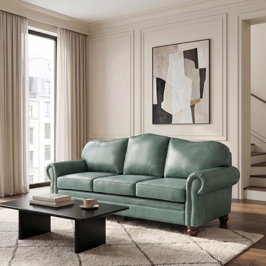 Genuine Leather 3 Seater Sofa with Rolled Arms Nailhead Trims Solid Wooden Legs Living Room Reading Sage