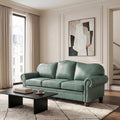Genuine Leather 3 Seater Sofa with Rolled Arms Nailhead Trims Solid Wooden Legs Living Room Reading Sage