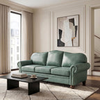 Genuine Leather 3 Seater Sofa with Rolled Arms Nailhead Trims Solid Wooden Legs Living Room Reading Sage