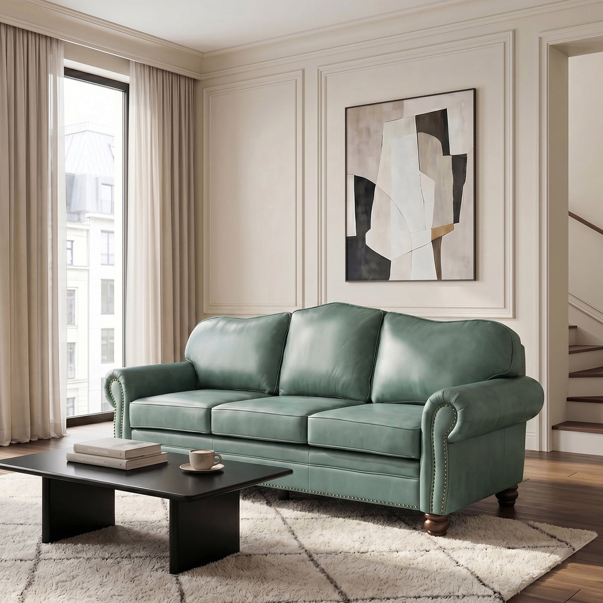Genuine Leather 3 Seater Sofa with Rolled Arms Nailhead Trims Solid Wooden Legs Living Room Reading Sage