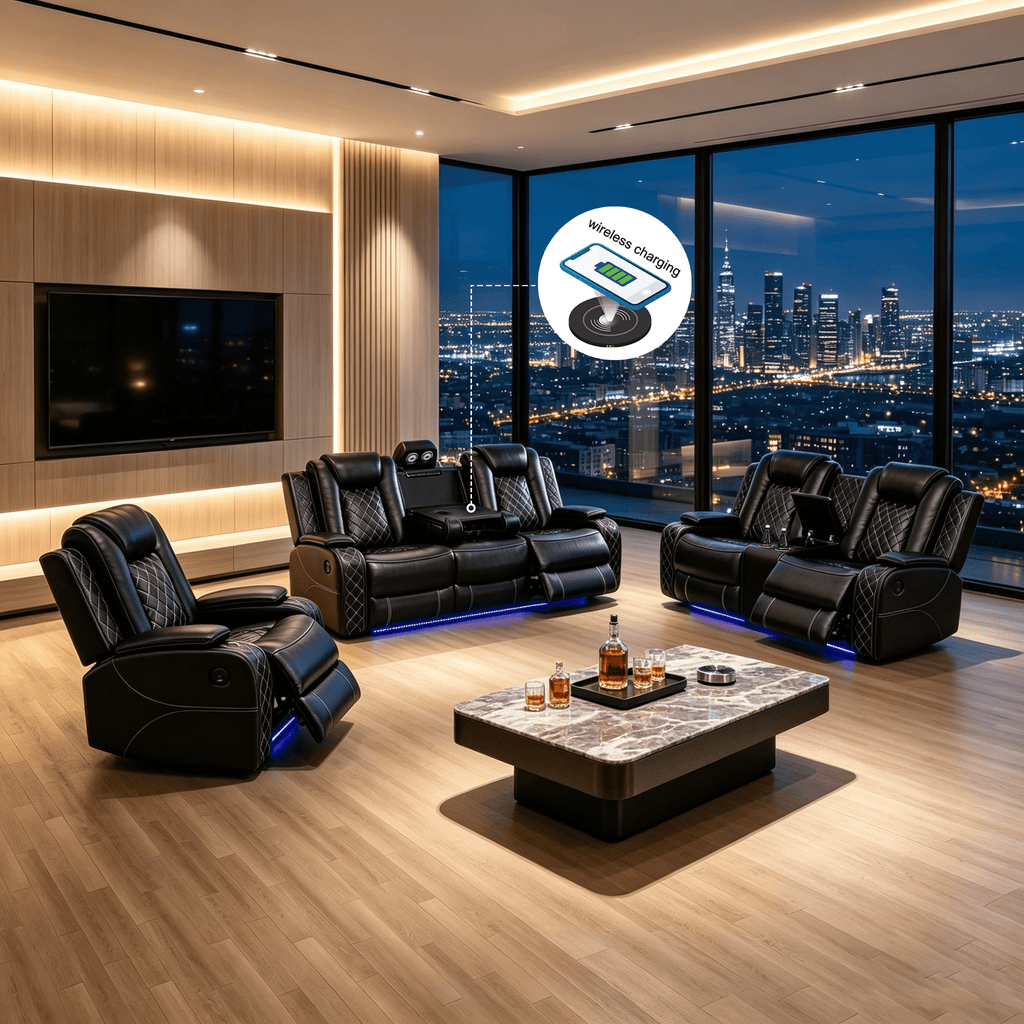  Black 3-Piece Multifunctional Smart Sofa with Console & Cup Holders, Solid Wood Frame, Double-Layer Springs and Air Leather