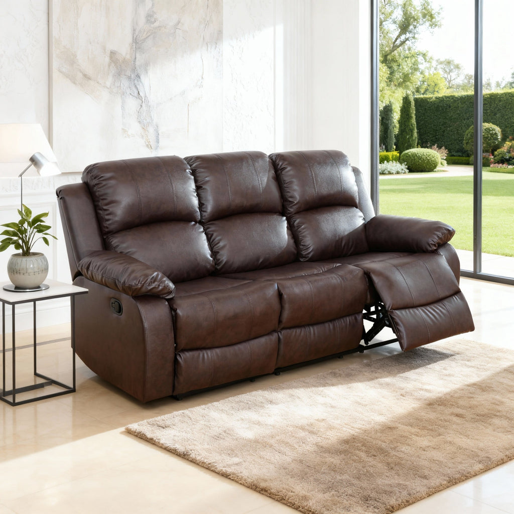  Brown 3-Seater Reclining Sofa - Air Leather Upholstery with High-Elastic Sponge for Living Room & Office