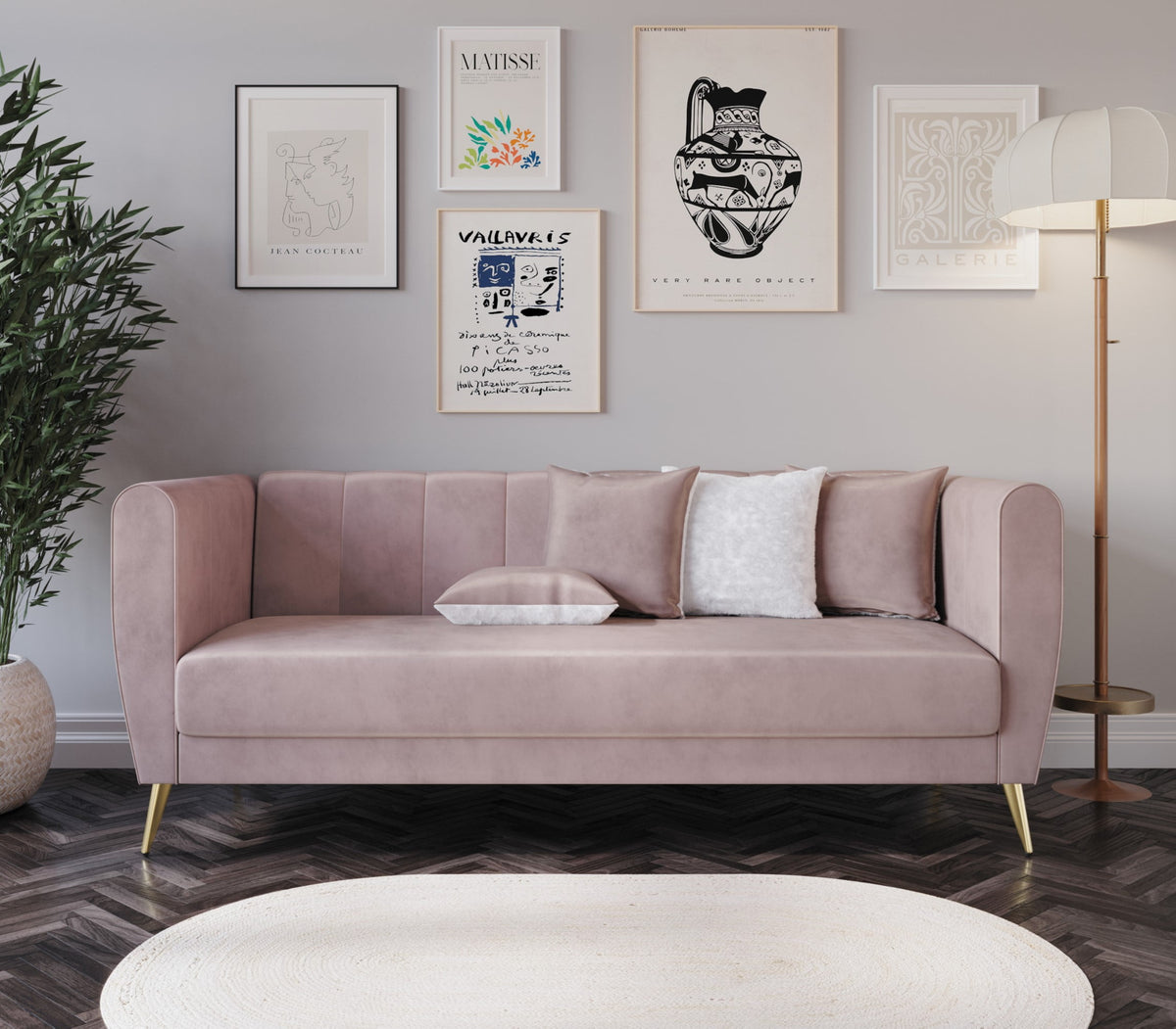 Home Design Scarlett Velvet Flared Arm 3-Seater Sofa with 4 Throw Pillows, Vertical Channel Tufting and Metal Legs, Modern Luxury, Pink