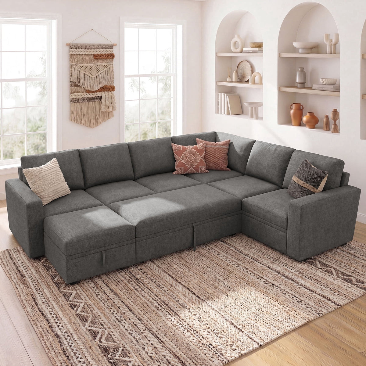 Marrber 7 Pieces Oversized Modular Sectional Sleeper Sofa with Pull-Out Bed and Storage Seats for Living Room, Linen Grey