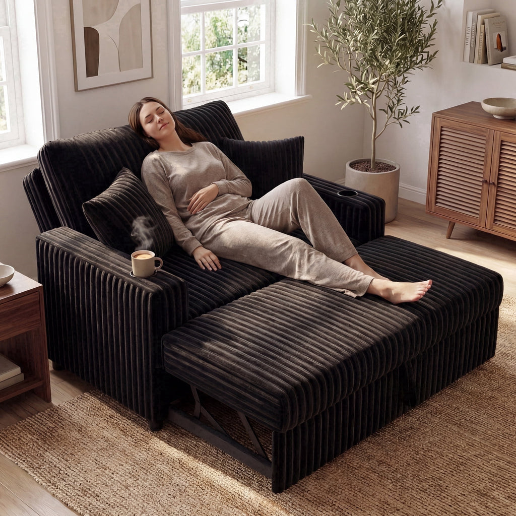 Marrber Black 52? 3-in-1 Convertible Pull-Out Sofa Bed Sleeper Loveseat with Reclining Backrest, Built-in Cup Holders, Pet-Friendly Corduroy Sofa for Small Space