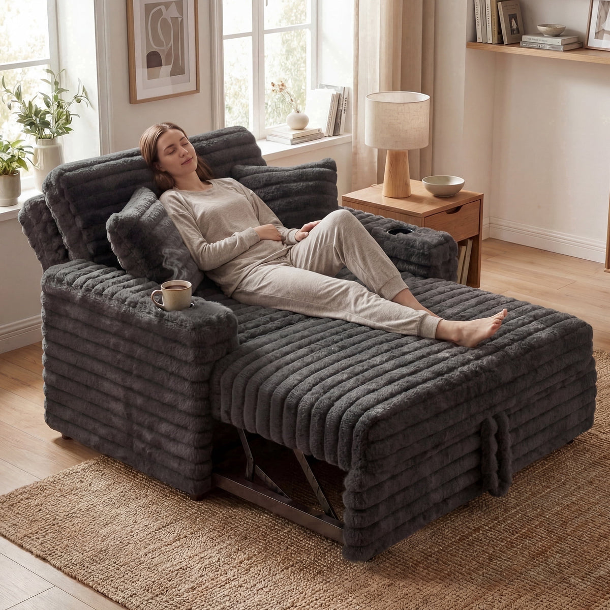 SOLIA Power Reclining Sleeper Sectional Sofa Bed Corduroy with Cup Holders