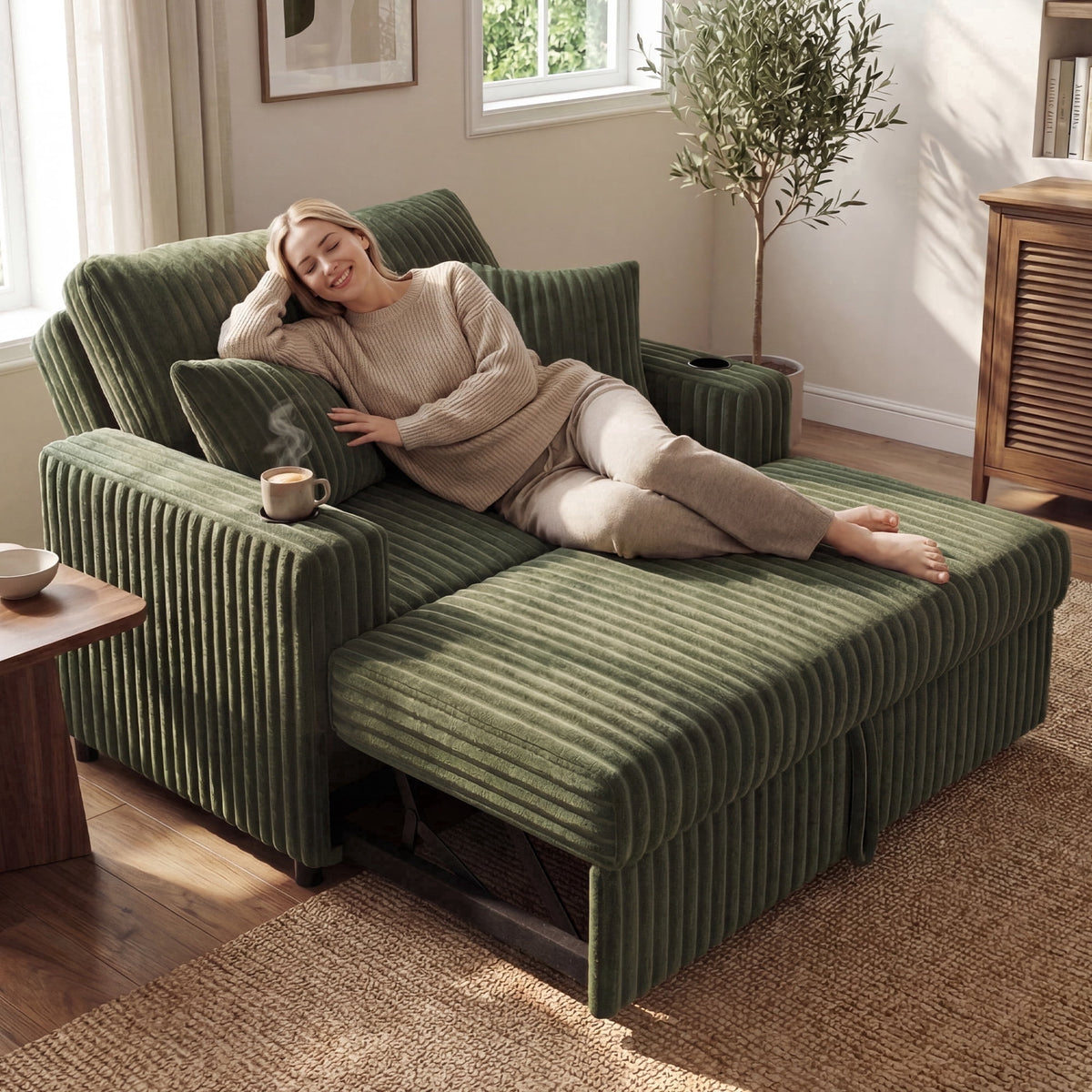SOLIA Power Reclining Sleeper Sectional Sofa Bed Corduroy with Cup Holders