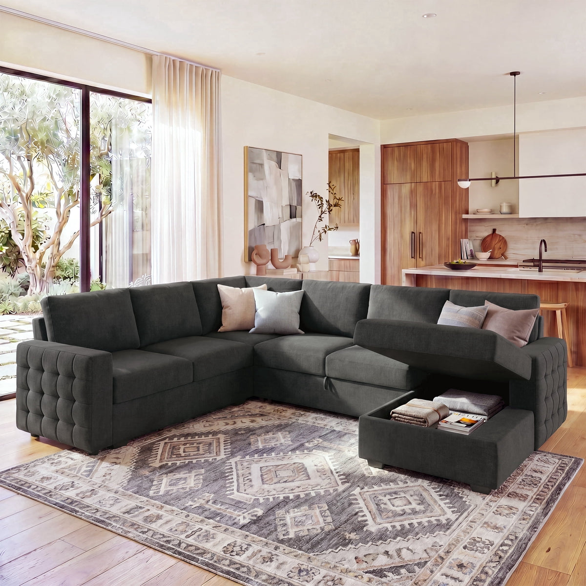 Marrber Modular Sectional Pull-Out Sofa Bed U-Shaped Linen Couch Bed with Storage for Living Room, Gray