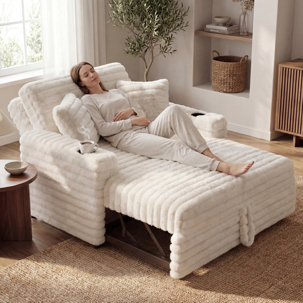 SOLIA Power Reclining Sleeper Sectional Sofa Bed Corduroy with Cup Holders