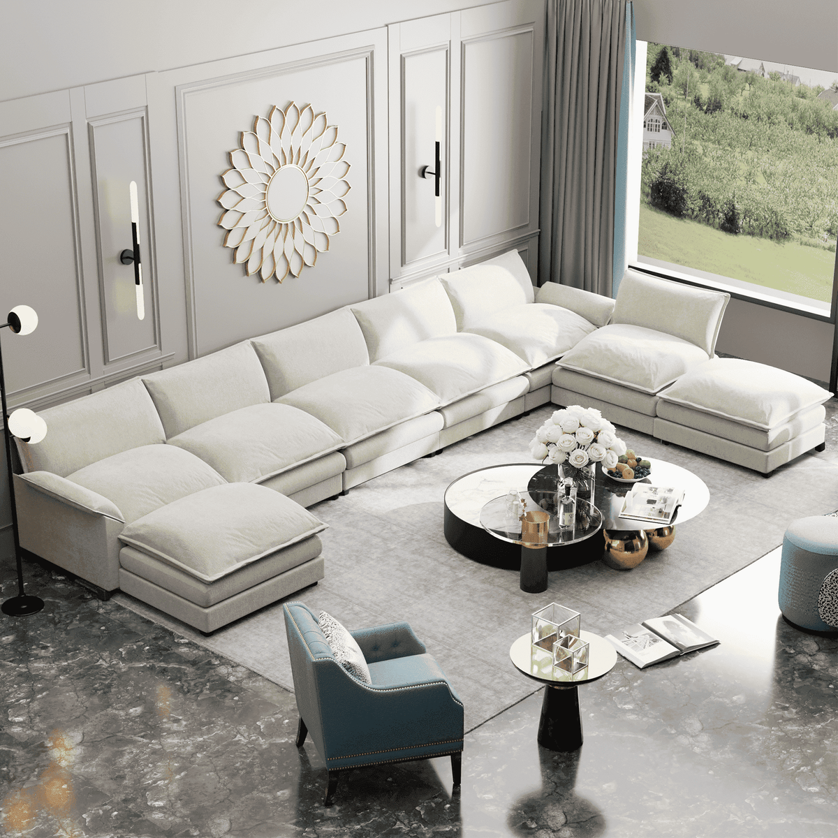  8-Seats Modular Sectional Sofa, U-Shaped Cloud Couch with Ottomans, Oversized Deep Seat Convertible Sofa Set for Living Room, Chenille, White