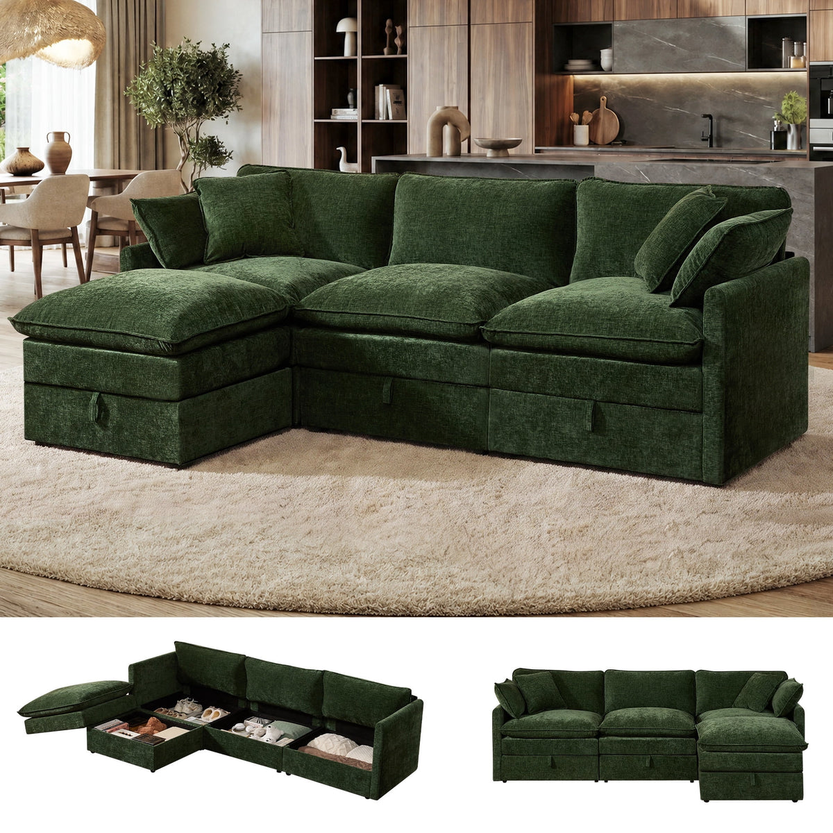 Hombryzy 103" Deep Seat Sectional Sofa with Storage, L Shaped Cloud Couch with Movable Ottomans for Living Room,Green