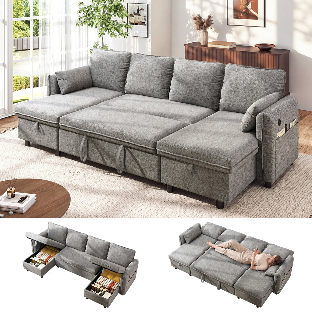 Hombryzy 109" Sectional Sleeper Sofa Bed with Storage Chaise, USB Charging Port, Pull Out Bed & Adjustable Backrest, U Shaped Couch for Living Room, Chenille Gray
