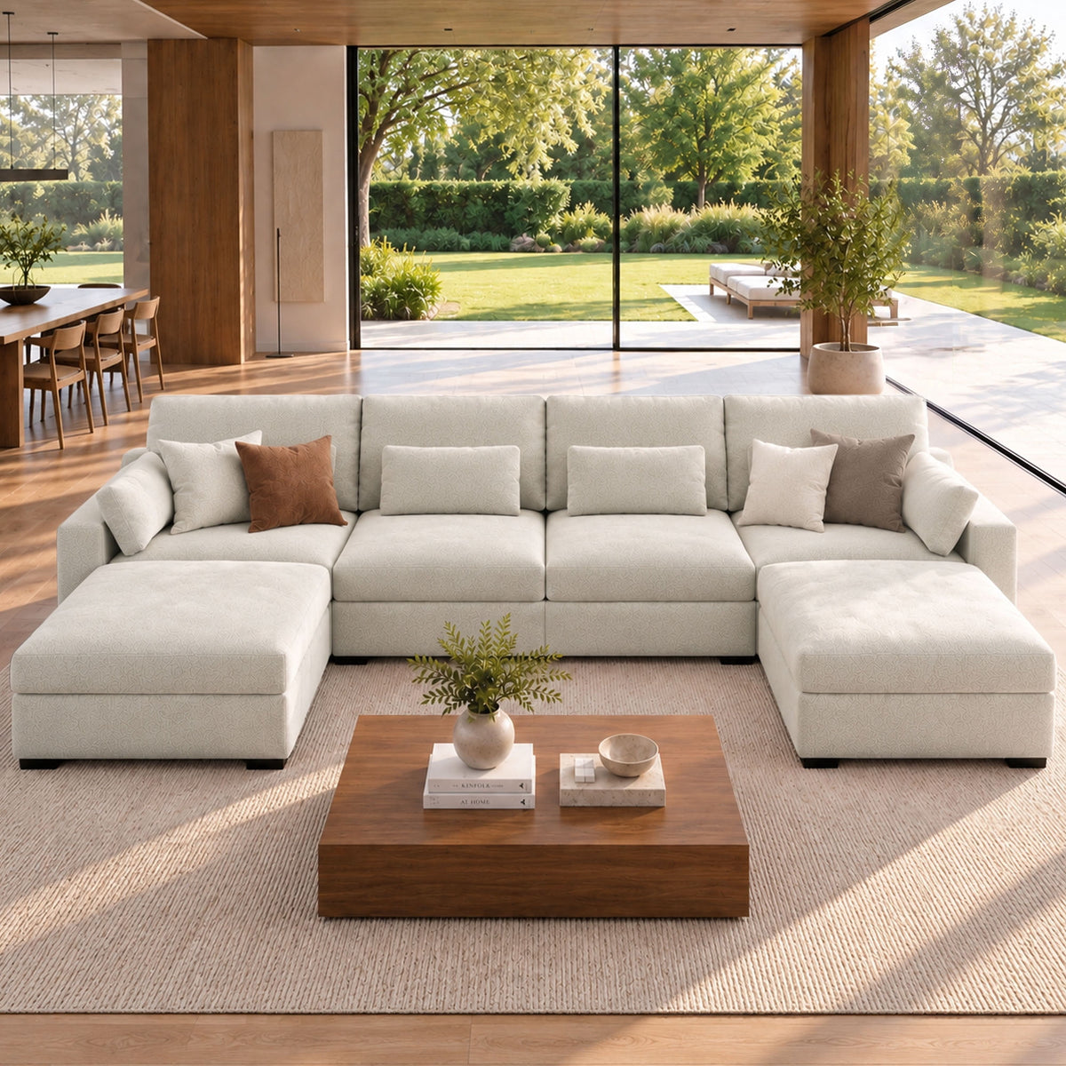 Hombryzy 146" Modular Sectional Sofa with Movable Ottoman, U-Shaped Deep Seat Cloud Couch for the Living Room, 6-Seat, Beige