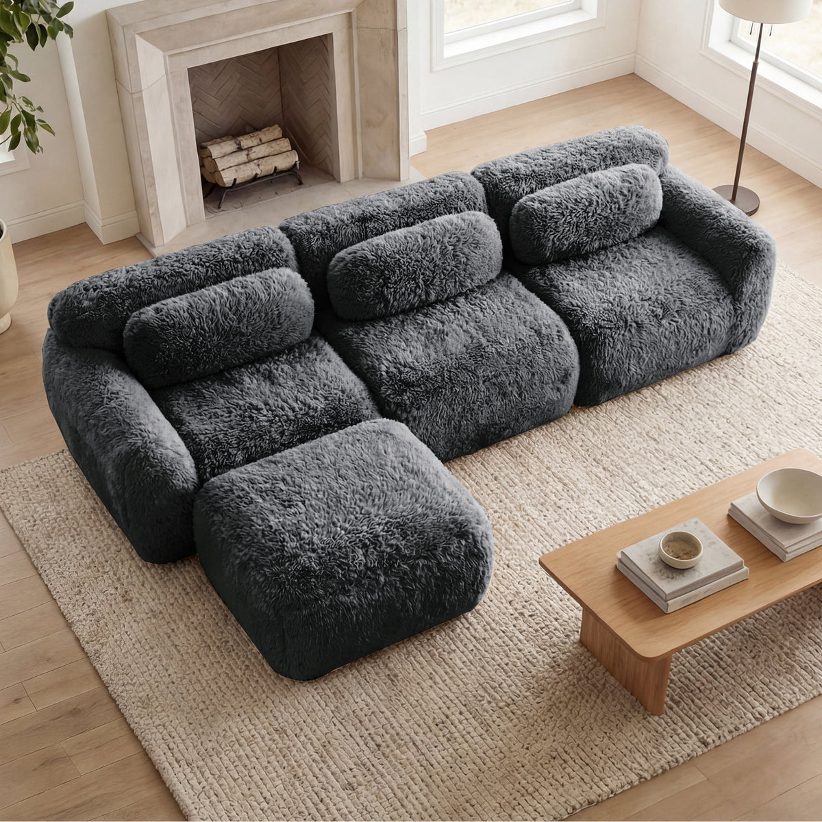 Homefun 114" L-Shaped Plush Sectional Sofa with Movable Ottoman No Assembly 32D Sponge Anti-Slip Bottom,Dark Grey