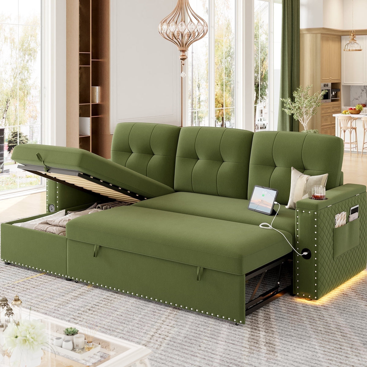 SOLIA L-Shaped Sleeper Sectional Sofa Bed Linen with USB Charging
