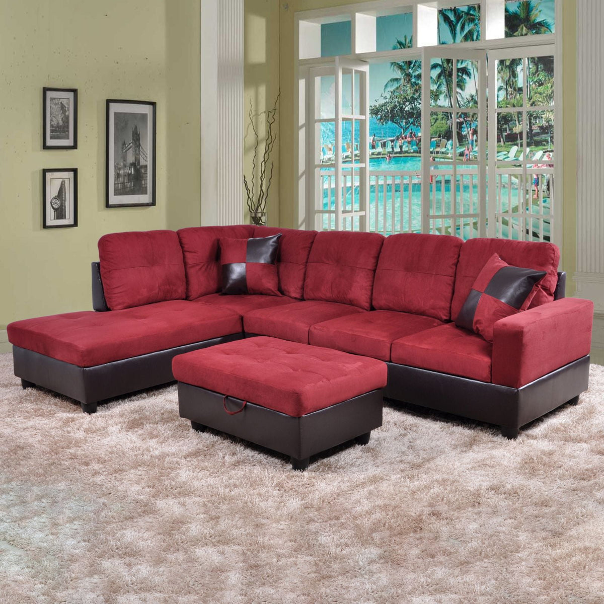Hommoo Flannel&PVC L Shaped Sectional Sofa, Sectional Couch Sofa, Modern Living Room Furniture Sets, Red(No Ottoman)