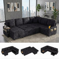 EPOWP 108" Modular Sectional Sleeper Sofa,7-Seater L-Shaped Pull Out Sofa Bed with Adjustable Backrest, Side Table & Charging Ports, Chenille Upholstered Sectional Couch for Living Room,Black
