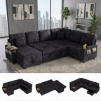 EPOWP 108" Modular Sectional Sleeper Sofa,7-Seater L-Shaped Pull Out Sofa Bed with Adjustable Backrest, Side Table & Charging Ports, Chenille Upholstered Sectional Couch for Living Room,Black