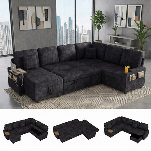 EPOWP 108" Modular Sectional Sleeper Sofa,7-Seater L-Shaped Pull Out Sofa Bed with Adjustable Backrest, Side Table & Charging Ports, Chenille Upholstered Sectional Couch for Living Room,Black