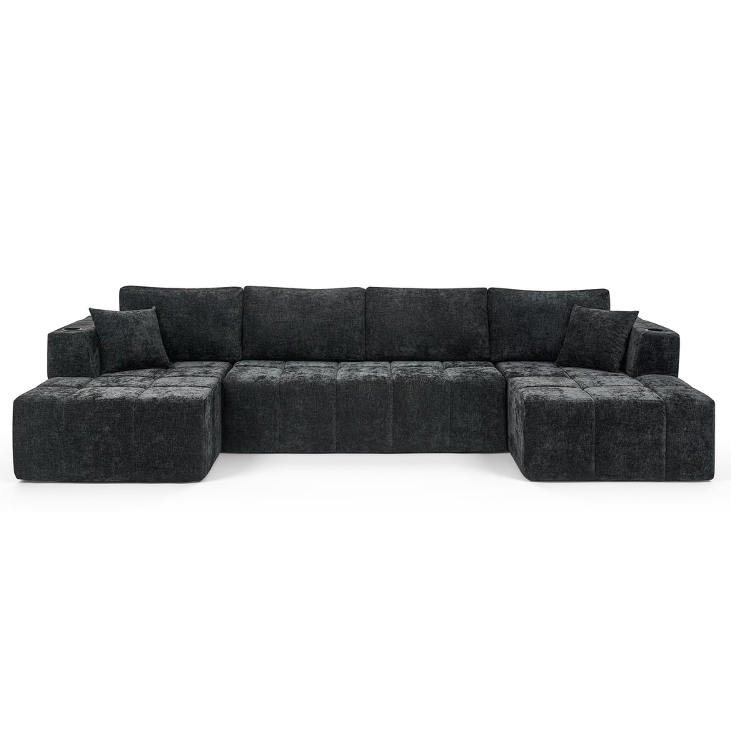  132" U-Shaped Chenille Cloud Sectional Sofa, Boneless Modular Couch with Cup Holders & Side Pockets, No Assembly Compressed Living Room Sofa, Black