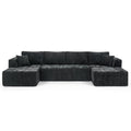  132" U-Shaped Chenille Cloud Sectional Sofa, Boneless Modular Couch with Cup Holders & Side Pockets, No Assembly Compressed Living Room Sofa, Black