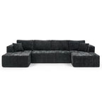 132" U-Shaped Chenille Cloud Sectional Sofa, Boneless Modular Couch with Cup Holders & Side Pockets, No Assembly Compressed Living Room Sofa, Black