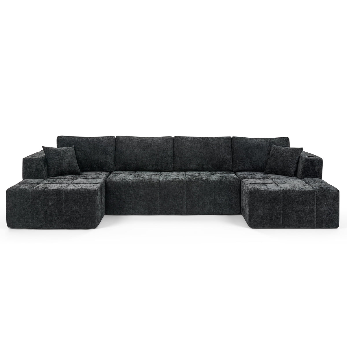  132" U-Shaped Chenille Cloud Sectional Sofa, Boneless Modular Couch with Cup Holders & Side Pockets, No Assembly Compressed Living Room Sofa, Black