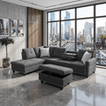  L Shaped Sectional Sofa, 4 Seater Couch with Chaise Lounge, Storage Ottoman, Cup Holders and Pillows, Modern Linen Fabric Couch for Living Room,Charcoal Gray