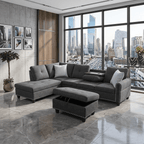  L Shaped Sectional Sofa, 4 Seater Couch with Chaise Lounge, Storage Ottoman, Cup Holders and Pillows, Modern Linen Fabric Couch for Living Room,Charcoal Gray