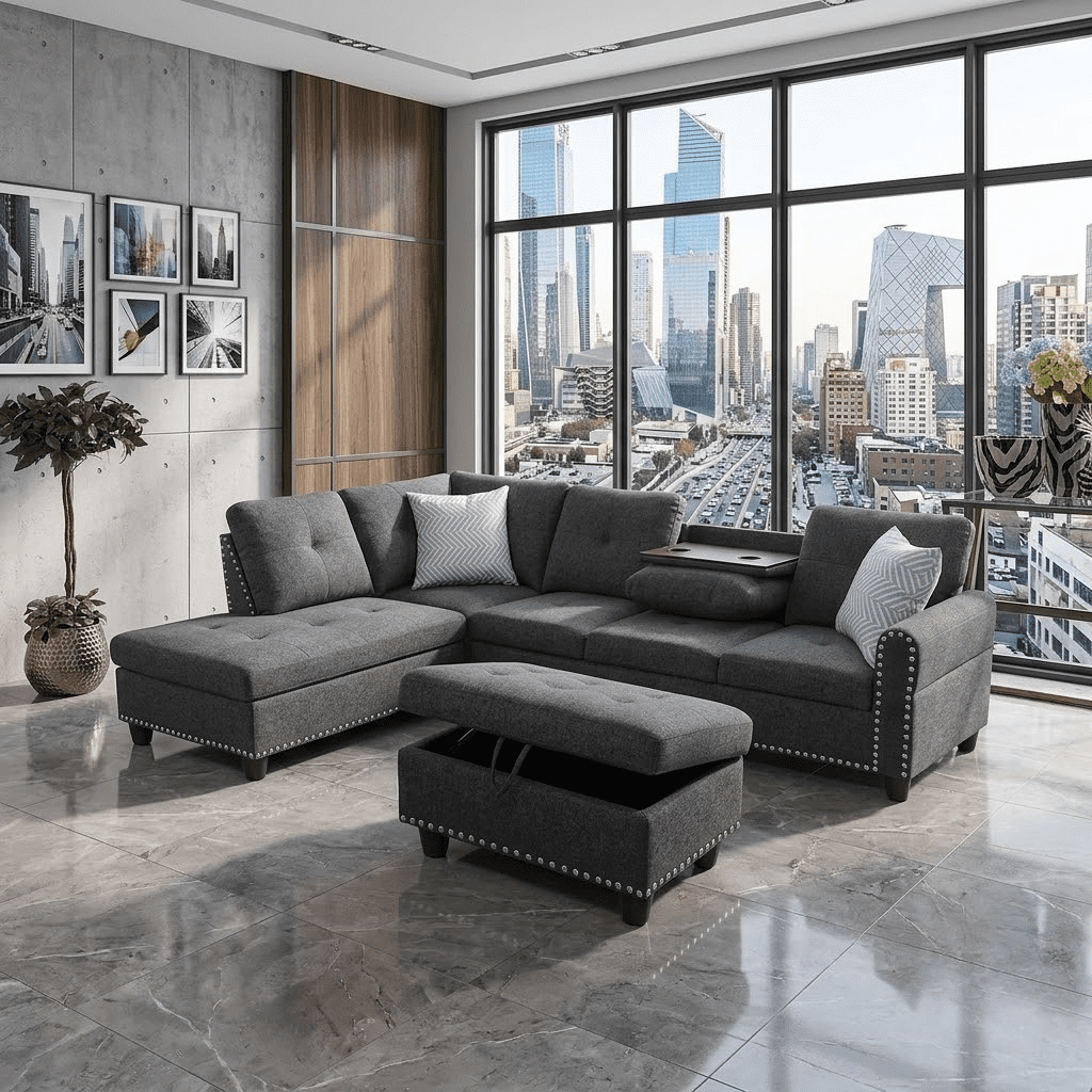  L Shaped Sectional Sofa, 4 Seater Couch with Chaise Lounge, Storage Ottoman, Cup Holders and Pillows, Modern Linen Fabric Couch for Living Room,Charcoal Gray