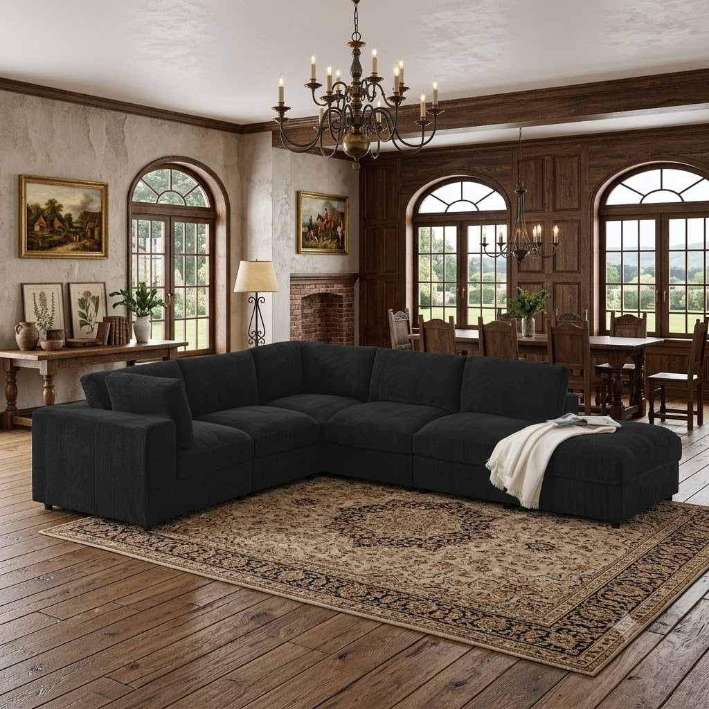  Cloud Couch Modular Sectional Sofa 6 Seat 122" L Shaped Reversible Convertible Couch, Corduroy Thick Cushion with Movable Ottomans, Washable Removable Cover for Living Room,Black