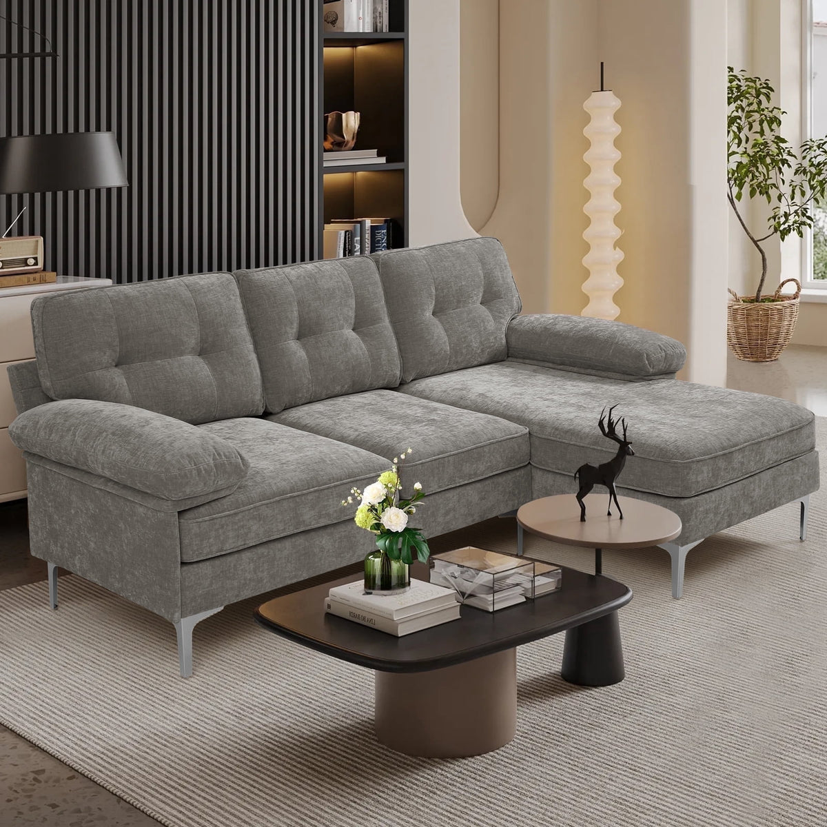 INGALIK Convertible Sectional Sofa Couch, L-Shaped Couch with Reversible Chaise Lounge, Chenille Fabric Modern Sofa for Living Room, Apartment, Office, 3 Seats, Gray