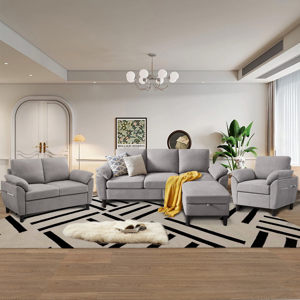  Chireca 4 Piece Convertible Sectional Sofa Set, Modern Linen Small L Shaped Couch with Reversible Chaise, 3-Seater Sofa & Loveseat & Armchair for Living Room, Office, Apartment, Lightgrey