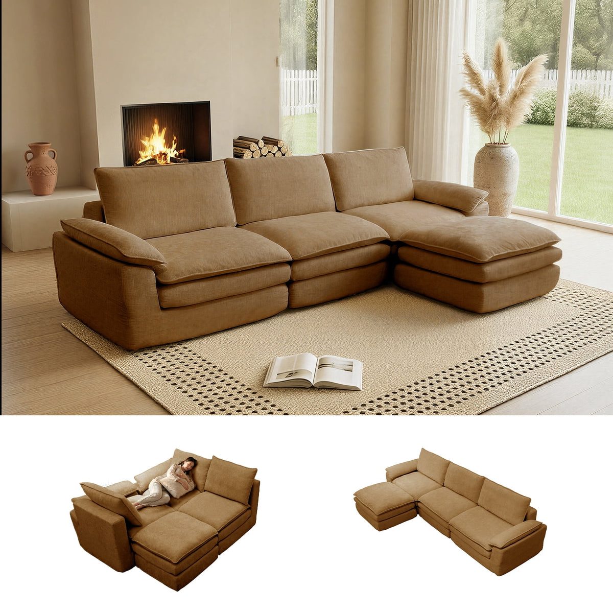 Kelyda 116'' Cloud Sectional Couches L Shaped, Modern Convertible Modular Cloud Chenille Sofa for Living Room Brown