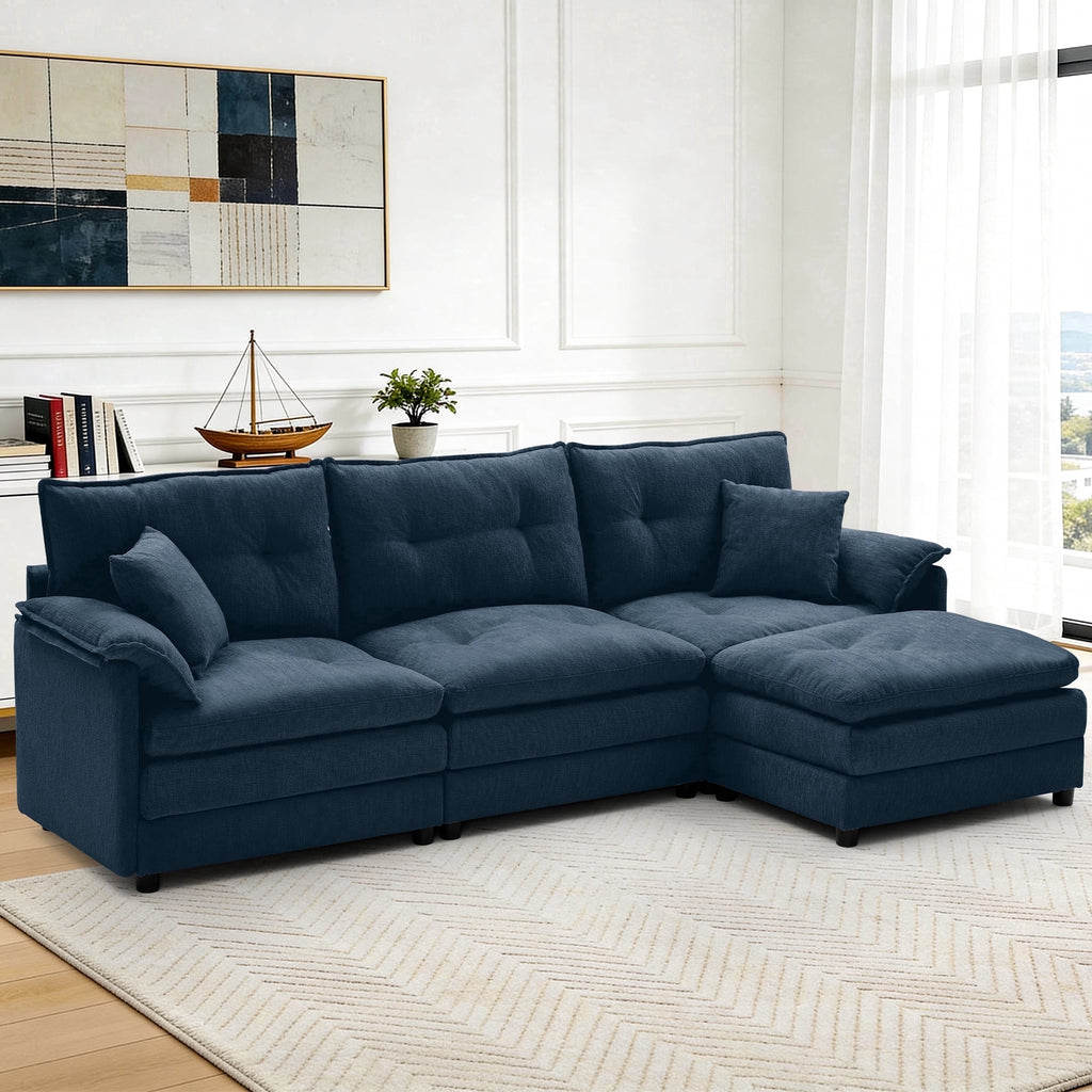 Korser L Shaped Modern Sofa with Movable Ottoman Convertible Modular Sectional Cloud Couch with Deep Seat & Pillow,Chenille 3-Seat Couches for Living Room,Assembly Required,Blue