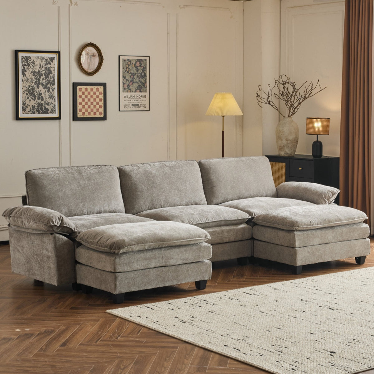  120" W Sectional Sofa U Shaped Couch with Double Chaise Chenille Sleeper Set with 3 Oversized Seats Light Gray