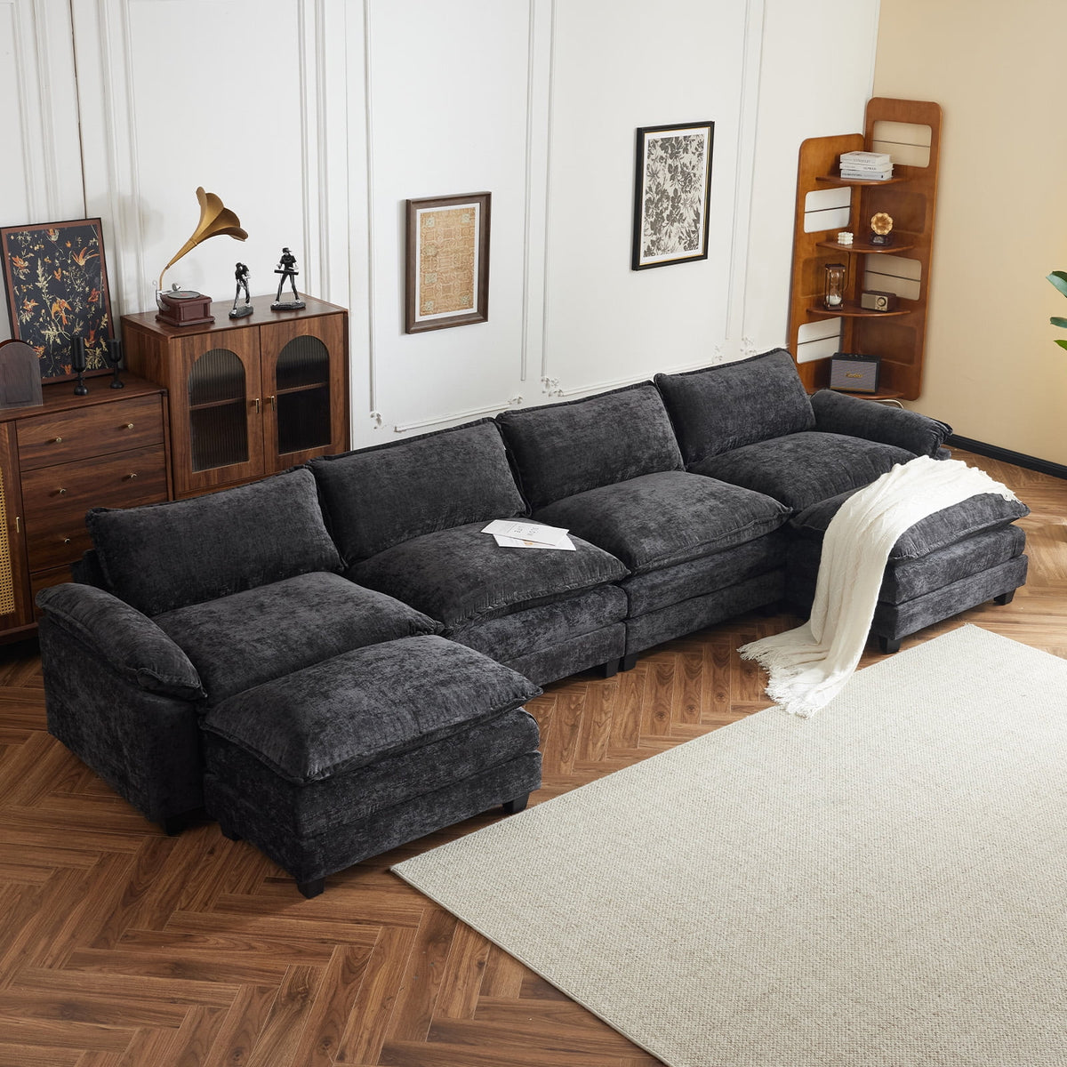 SOLIA 120" U-Shaped Sleeper Sectional Sofa Bed Chenille with Double Chaise