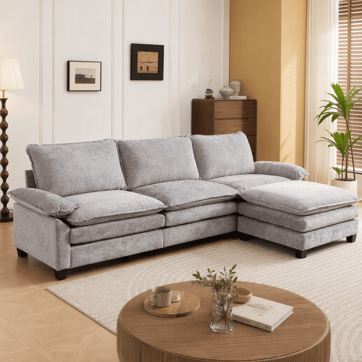  122" W L Shaped Sectional Sofa, Modern Chenille Deep Seat Cloud Couch with Movable Chaise, Plush Living Room Couches for Apartment, 3-Seater Light Gray