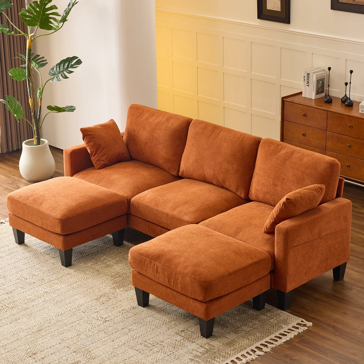  U-Shaped Sofa with 2 Removeable Ottoman Footrests, Flannel Deep Seating Couch for 3, Converts to Sleeper for Bedroom Living Room Furniture Orange