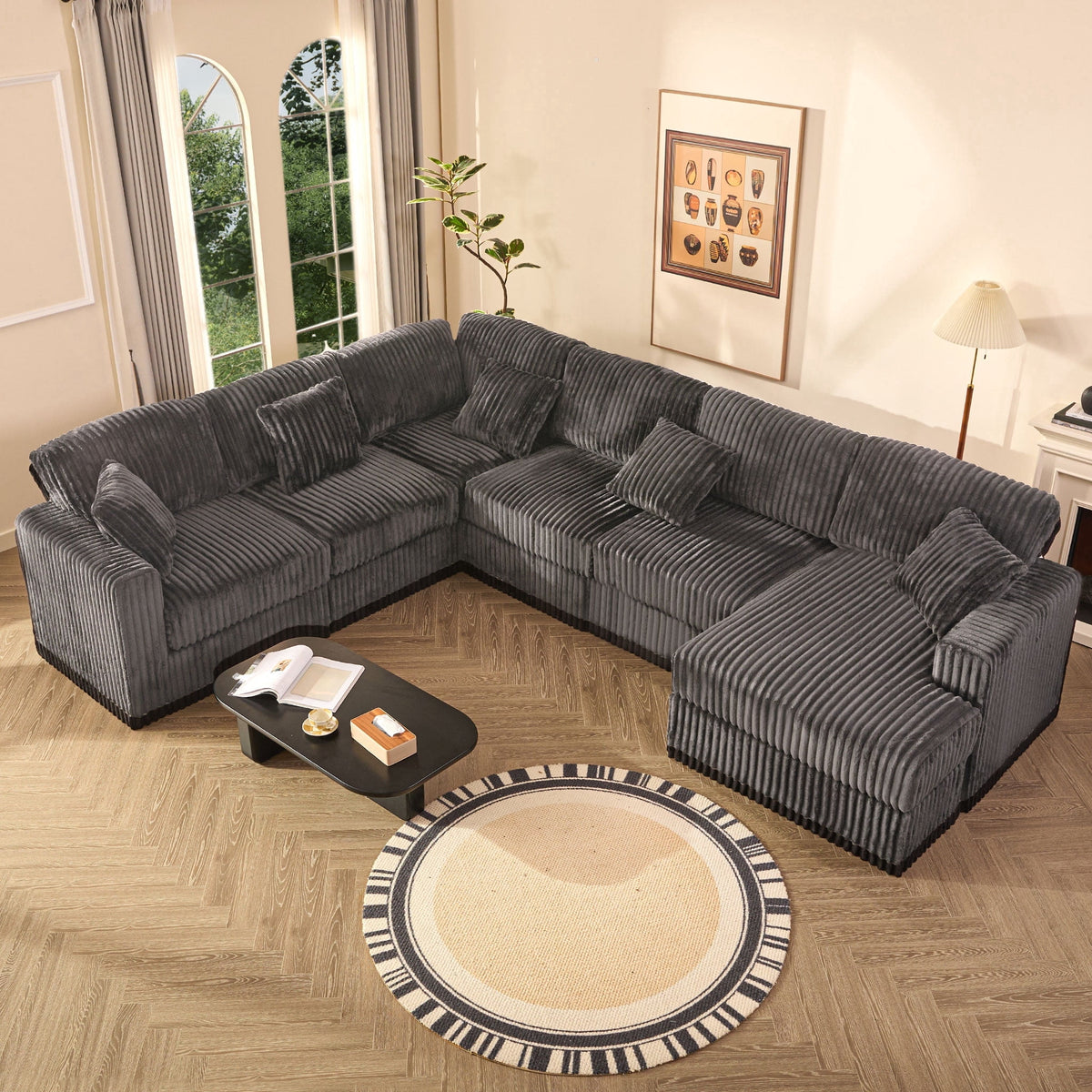  139" U-Shaped Sectional Sofa, 7-Seater Modular Cloud Couch for Large Families & Guests with Corduroy Upholstery, Right Facing Chaise, Gray