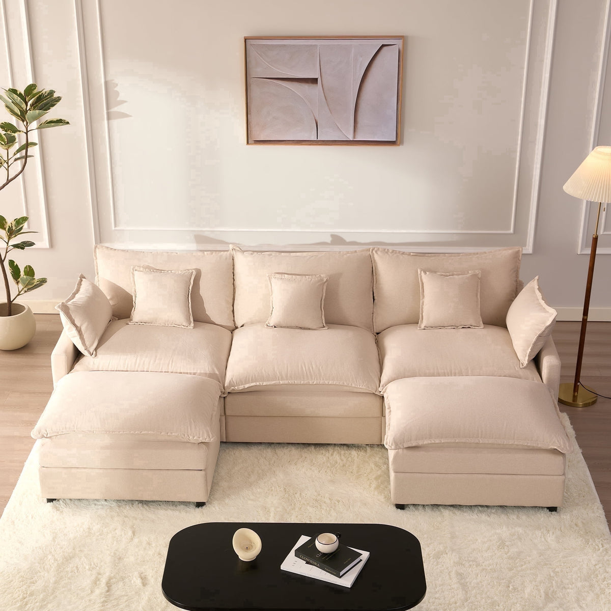  3-Seat Sectional Sofa Couch, Cloud-Style Deep Seating Sleeper Sofa with Included Throw Pillows, Linen Upholstery, Modern Living Room Sofa, Cream White