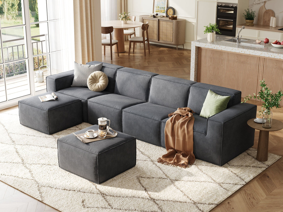 SOLIA 133.4" 4-Seat U-Shaped Cloud Modular Sectional Couch Corduroy with Movable Ottoman